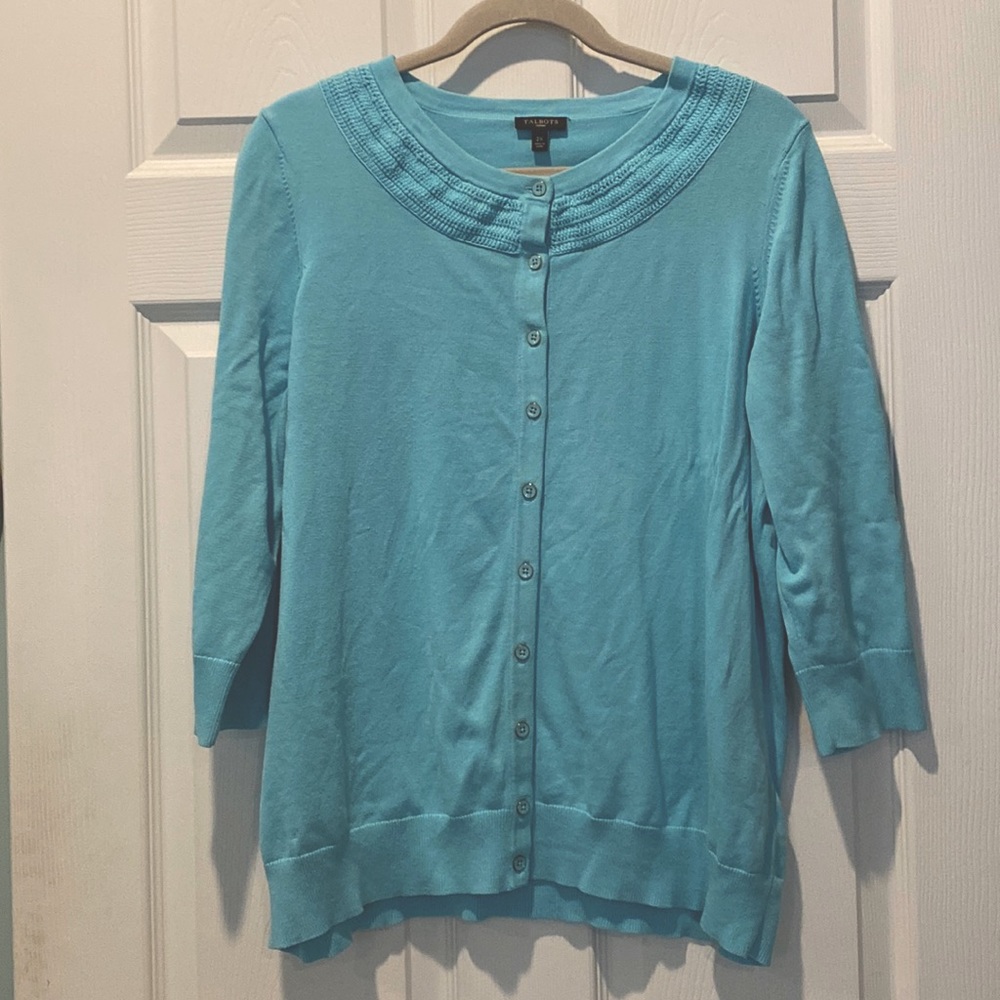 Talbots Cotton Knit Buttoned Cardigan with Crocheted Yoke